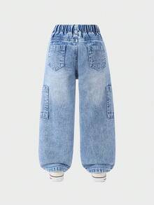 SHEIN ChillGRL Quần Jeans Denim Rộng Có Dây Rút In Hình Hoạt Hình Dễ Thương Cho Bé Gái - Rửa nhẹ - Xem 2