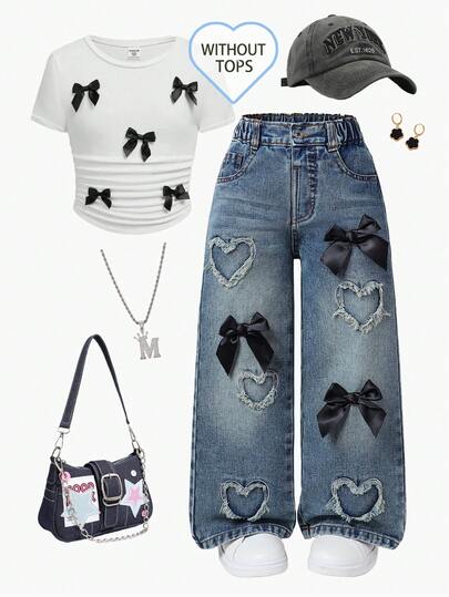 SHEIN Playful Pals 年轻女孩复古时尚街头风格松紧腰纽扣前部黑色蝴蝶结装饰爱心贴片刺绣牛仔裤