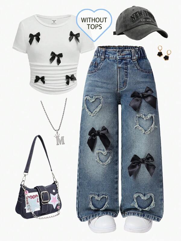 SHEIN Playful Pals Young Girl Retro Fashion Street Style Elastic Waist Button Front Black Bow Decor Love Patch Embroidered Denim Pants Fall Winter