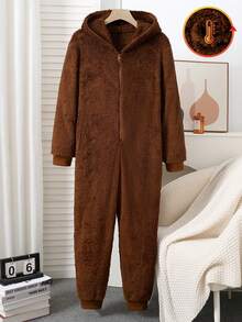 女士米色毛绒趣味动物眼睛和鼻子刺绣连帽连体衣，冬季 - 咖啡棕 - 查看 2