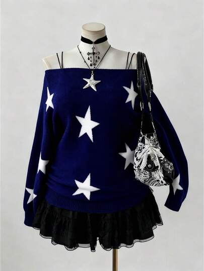 Sunspun Suéter holgado de punto cómodo con cuello de barco, mangas de murciélago y estampado de pentagrama en estilo streetwear Y2K para mujer de talla grande, adecuado para otoño/invierno y vuelta al colegio