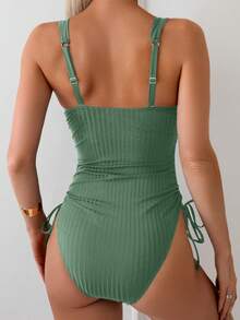 Swim Basics Women's Solid Color Drawstring One-Piece Swimsuit, Suitable For Beach Holiday For Summer Beach Vacation - Army Green - View 2