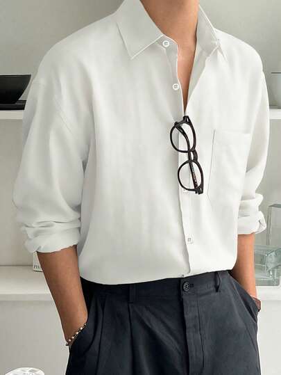 DAZY 男士纯色休闲日常简约衬衫，翻领长袖，适合秋季商务穿着