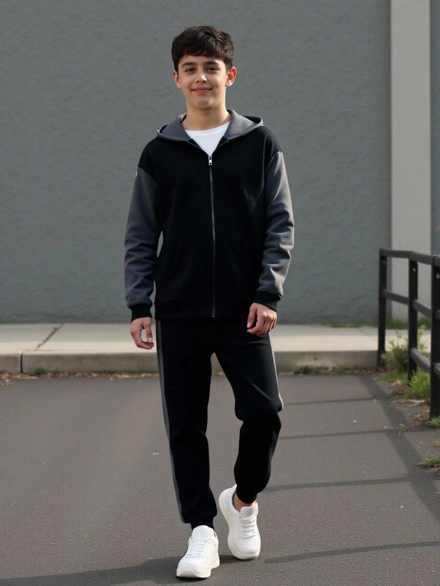 SHEIN 两件套儿童/青少年男童休闲日常舒适印花连帽卫衣和宽松运动裤套装,适合生日派对、晚宴、演出、婚礼、洗礼、开幕式等场合,日常穿着舒适,适合上学、旅行和运动,秋冬季舒适百搭。 - 藏蓝色 - 查看 1