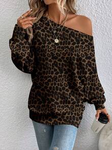 EMERY ROSE Women's Casual Leopard Print Off-Shoulder Sweater, Suitable For Autumn/Winter,Cheetah Print - Multicolor - View 7