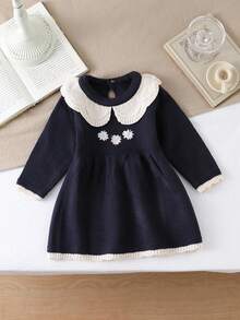 SHEIN Baby Girls Floral Embroidered Ruffled Collar Knit Sweater Dress,Navy Blue,Autumn,Elegant,Matching Family Long Sleeve Winter Knitted Collared Dress - Royal Blue - View 3