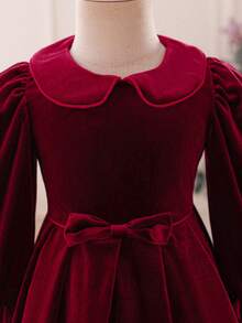 SHEIN Glamorique Kids Baby Girl Korean Velvet Peter Pan Collar Dress, Christmas Fashionable Minimalist Red Short Long Sleeve Dress - Burgundy - View 5