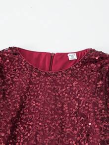 Sequin Embellished Burgundy Tulle Dress, Faux Fur Trim Teen GirlChristmas Party Dress - Burgundy - View 3