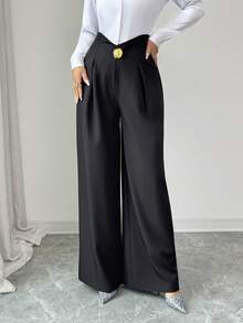 SHEIN Raffinéa 高腰阔腿裤，宽松显瘦 - 黑色 - 查看 3