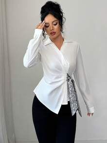 Selianne 女士佩斯利花纹侧结长袖不对称衬衫 - 白色 - 查看 6