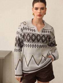Mulvari Women's Casual Vacation Style Fair Isle Pattern V-Neck Loose Pullover Sweater, Autumn/Winter - Multicolor - View 1