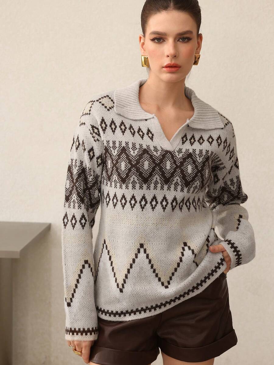 Mulvari Women's Casual Vacation Style Fair Isle Pattern V-Neck Loose Pullover Sweater, Autumn/Winter - Multicolor - View 1