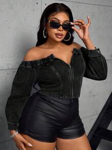 SHEIN SXY Plus Size Solid Color Off Shoulder Zipper Fitted Long Sleeve Denim Top - Black - View 5