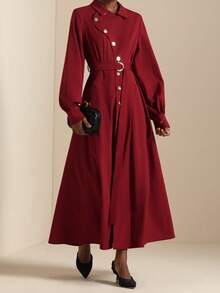 Lyxana Women's Elegant Collared Metal Button Decor Tie Waist Long Sleeve Dress - Red - View 5