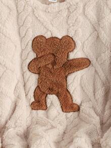 SHEIN Tween Girl Khaki Cute Cartoon Bear Embroidered Crew Neck Long Sleeve Top And Soft Comfortable Brushed Fleece Pajama Pants Set, 2pcs, Autumn/Winter