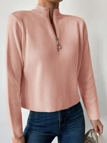 SHEIN Cottnline Women's Solid Color Half Zip Sweater - Coral Pink - View 4