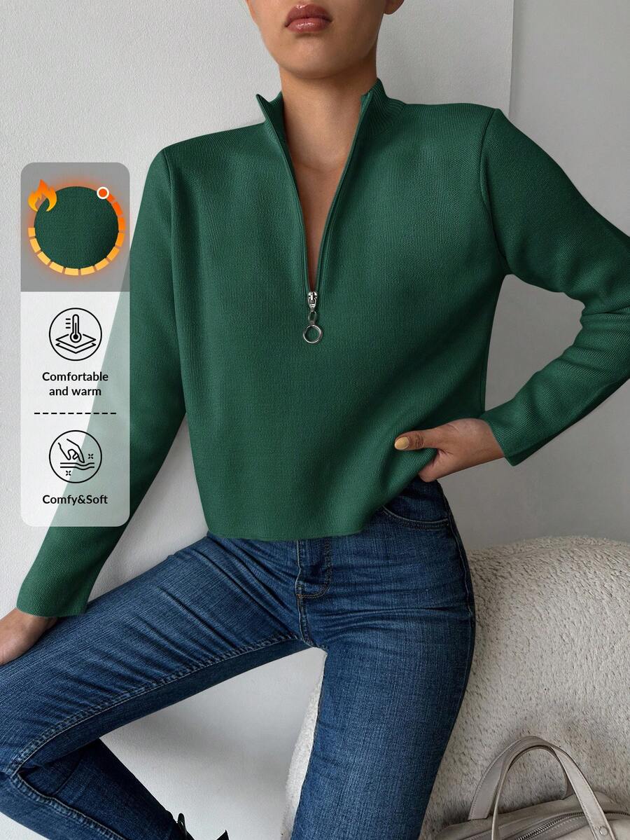 SHEIN Cottnline Women's Solid Color Half Zipper Sweater - Dark Green - View 1