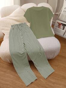 INAWLY 圆领刺绣短袖上衣+条纹印花裤套装，欧美风 - 綠色 - 查看 2