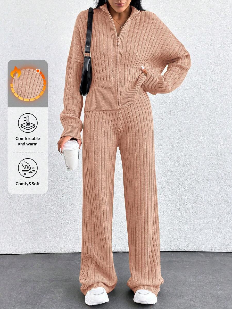EURMUSE Drop Shoulder Zip Up Cardigan & Knit Pants ,Petite Women - Dusty Pink - View 1