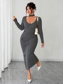 Elenzga Vestido de suéter de punto acanalado con cuello redondo, manga larga, ajustado, con estampado floral en bloques de color talla grande - Gris - Ver 5