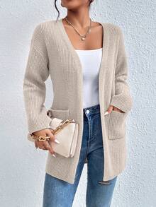 EURMUSE Dual Pocket Drop Shoulder Open Front Cardigan - White - View 3