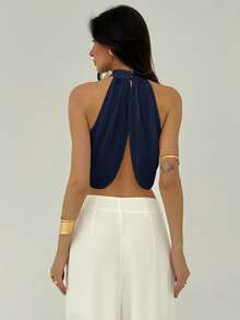 Aloruh Áo cánh nữ cổ bẻ xếp ly thanh lịch gợi cảm thời trang thường ngày bằng vải voan chiffon - Màu xanh hải quân - Xem 2