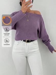 EURMUSE Solid Boat Neck Batwing Sleeve Sweater - Purple - View 1