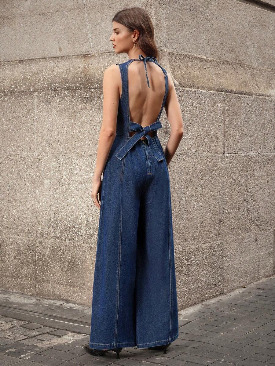 Selenza 女式时尚性感露背阔腿牛仔连体裤 - 藍色 - 查看 1