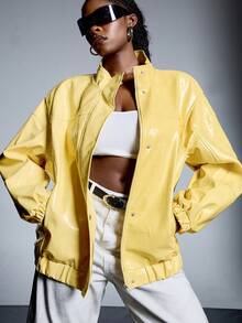 LYSMO Áo khoác PU màu vàng thời trang cỡ lớn, mùa thu - Màu vàng - Xem 1