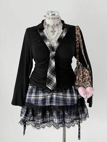 Sunspun Plus Size Women Vintage Romantic Casual Y2K Office/School Commute Pullover Long Sleeve T-Shirt With Bow Collar Decor, Versatile Punk Style, Lightweight, Suitable For Spring/Autumn, Christmas, Party - Black - View 3