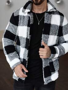 Manfinity Homme Men's Loose Fit Plaid Fleece Long Sleeve Single Breasted Casual Jacket, Autumn Winter,Men Flannel,Winter Men Jacket Men Knitted Button Up Men Shacket Men Flannels Black And White Jacket Plaid Jacket Men - Black - View 3