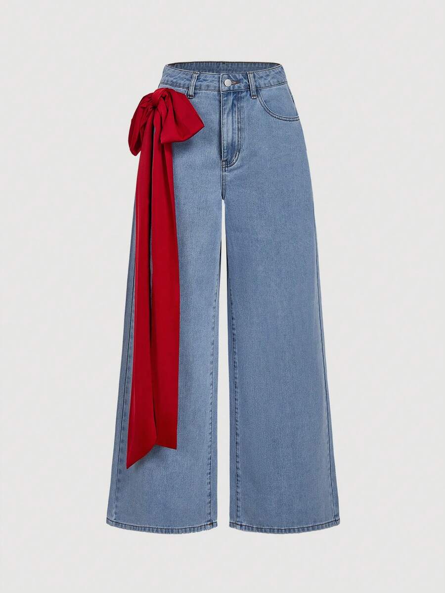 Sweetra Quần Jeans Ống Rộng Đính Nơ Thời Trang Nữ - Màu xanh lam - Xem 1