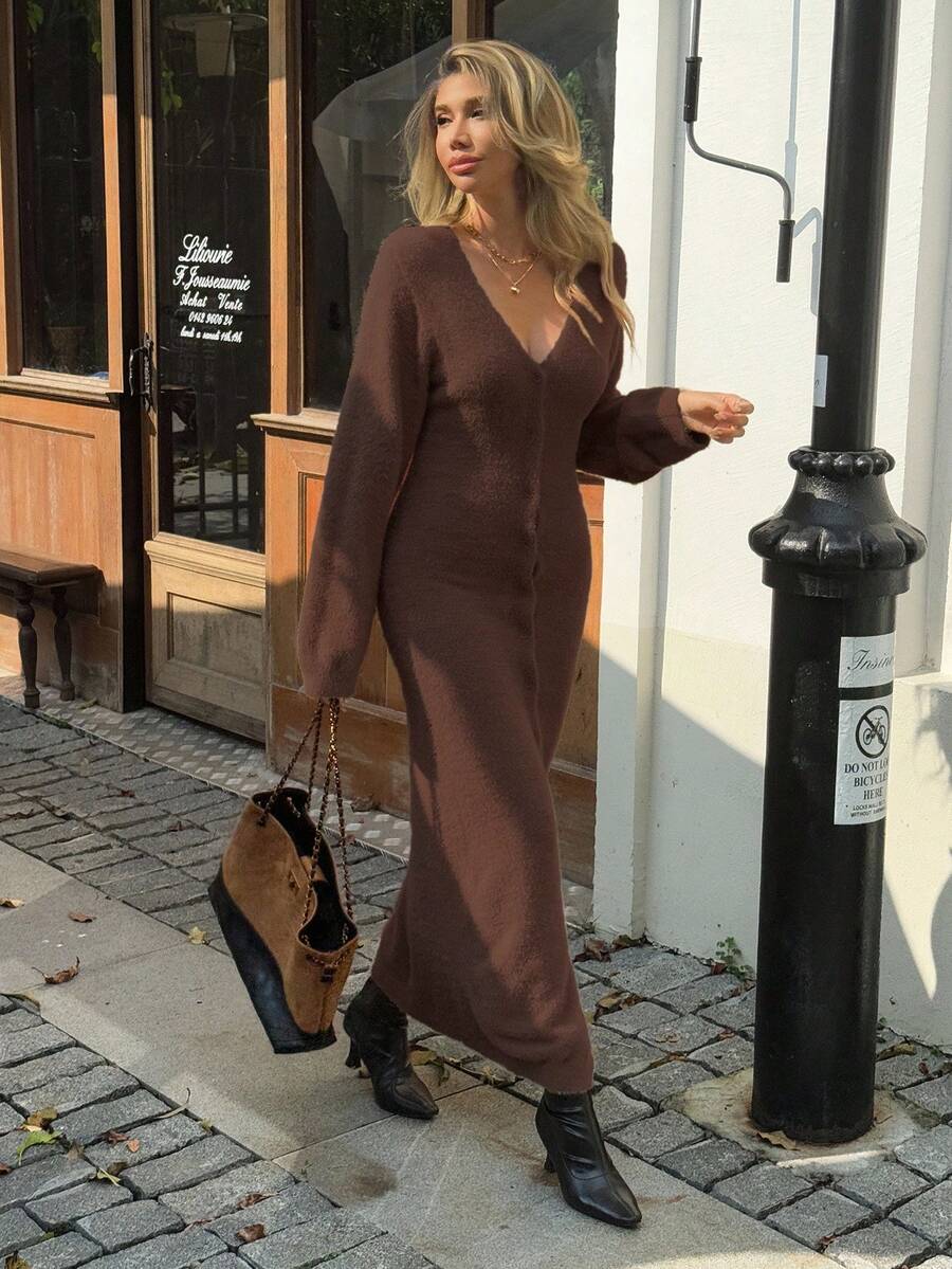 Livesso Women's Coffee Color V-Neck Lantern Sleeve Long Knitted Sweater Dress, Autumn - Coffee Brown - View 1