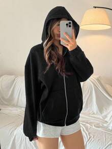 SHEIN Áo nỉ chui đầu dáng rộng thoải mái dành cho nữ tuổi teen, thiết kế tối giản, phù hợp cho hoạt động giải trí và tập luyện. - màu đen - Xem 5
