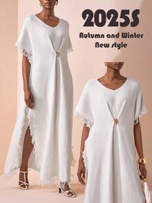 Zivah Vacation Casual Solid Color Fringe Decor Side Slit Knit Dress - White - View 11