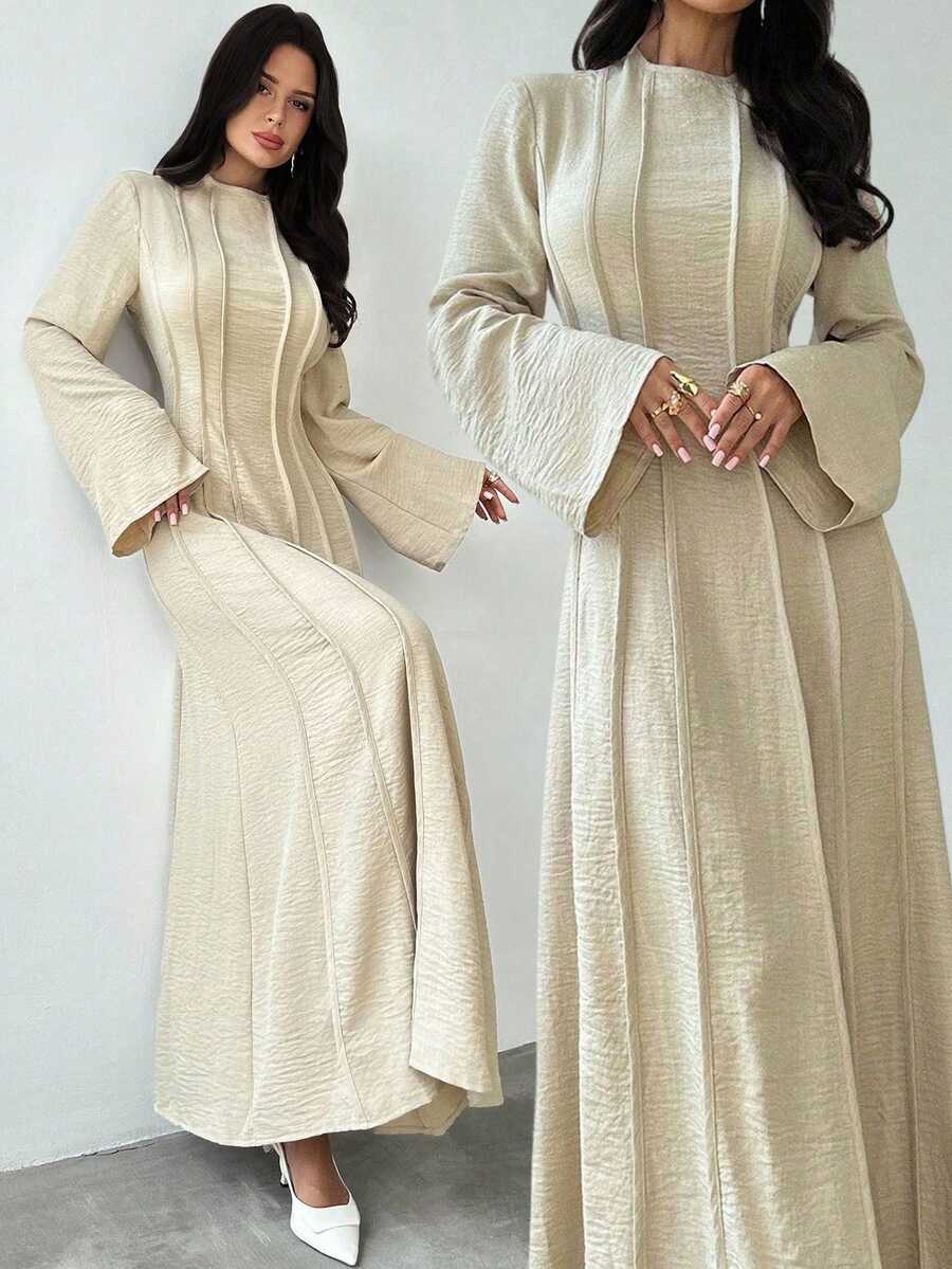 Firerie 女士杏色收腰 A 字长裙，简约百搭，腰部褶皱修身长袖 A 字女士连衣裙，亚麻飘逸长裙，商务休闲装，立领喇叭袖收腰 A 字连衣裙，优雅办公室女士日常连衣裙，春秋季