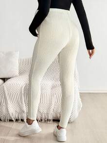 SHEIN Maternity Casual Solid Color Textured Leggings  Winter Clothes For Women  White Pants  White - Beige - View 2