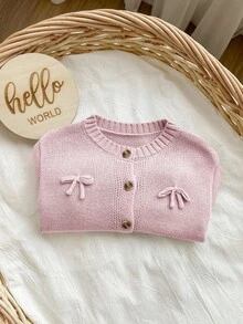 SHEIN Apricot Bowknot Cardigan, Cute & Versatile For Baby Girls, Autumn/Winter - Pink - View 5