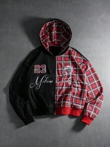 PAVTROS Manfinity Streetrush 男士街头风流行 INS 联名款男士拼接连帽卫衣，街头服饰，保暖冬季，圣诞节街头风拉链短款印花街头连帽衫，长袖上衣 - 灰色 - 查看 6