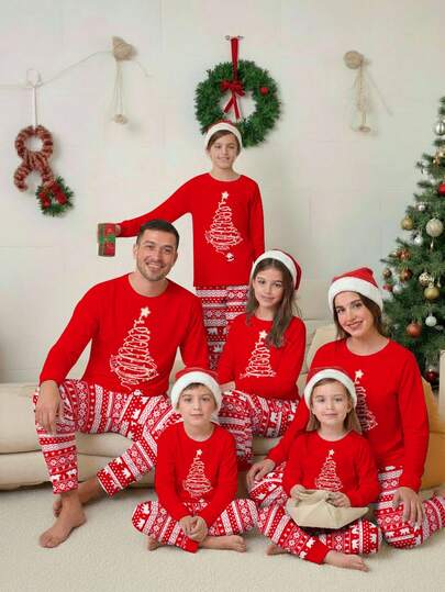 SHEIN 青少年男孩休闲简约时尚经典圣诞节，星星圣诞树，圣诞熊，圣诞鹿，圣诞图案印花舒适贴身长袖圆领裤睡衣，适合秋冬和圣诞节