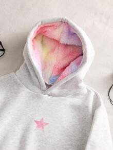 青少年女孩休闲街头豹纹仿皮草帽，五角星和豹纹图案，适合街头风格，连帽运动衫