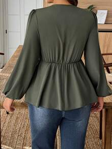 SHEIN LUNE Women's Lace Patchwork Deep V-Neck Tie Front Elegant Long Sleeve Blouse - Army Green - View 2
