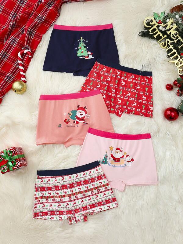 FamilyFrolics 5pcs/Pack Christmas Tree Cute Pattern Cozy Holiday Vibe Soft Bikini Panties