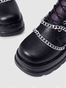 ROMWE Grunge Punk 女式紫色圆头厚底哥特朋克深色铆钉链条十字扣时尚中筒靴 - 紫色 - 查看 5