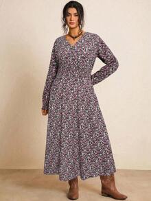 Freevana 大码秋季服装全印花褶皱豹纹长袖连衣裙/秋季连衣裙/秋季女装秋季婚礼宾客连衣裙优雅女士连衣裙商务休闲女士工作连衣裙商务连衣裙 - 中紫紅色 - 查看 6
