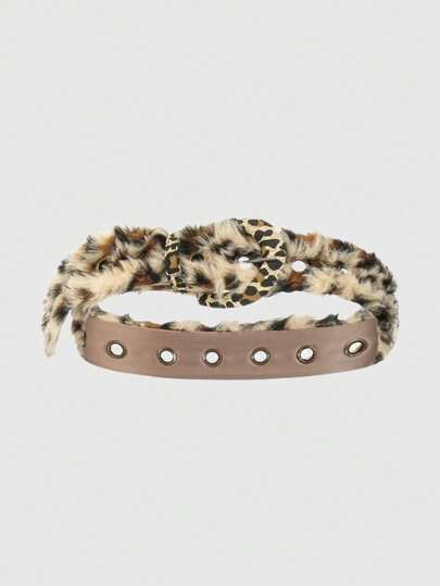 Goth 1pc Khaki Y2K Babe Faux Fur Leopard Texture Belt, Fashion Versatile Minimalist Wild Style Waist Belt For Women, Suitable For Party, Date, Travel, Halloween, Christmas