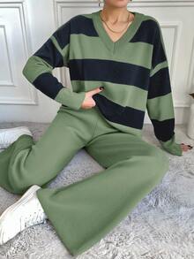 EURMUSE 2 件女士休闲撞色 V 领短袖毛衣和裤子套装，秋冬 - 彩色 - 查看 5