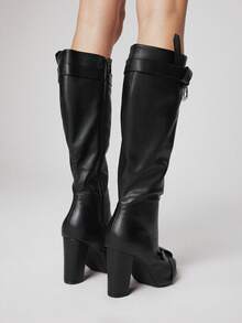 Sugerpunk Women's High Heel Boots, Versatile Elegant Pointed Toe Fashion PU Thick Heel Boots, Autumn/Winter - Black - View 5