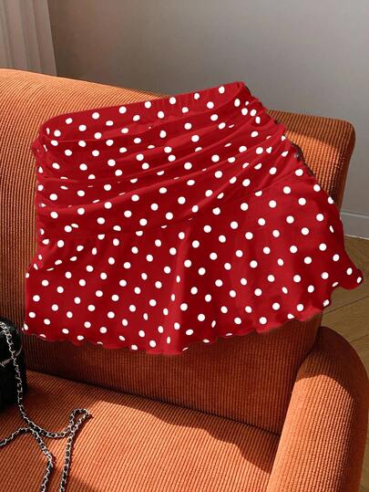 Comfortcana Burgundy Knitted Fabric Mini Skirt For Women Casual Geometric Polka Dot Ruffle Hem A-Line Style Women Skirts Red Red Polka Dot Skirt Polkadot Skirt Flared Skirt Bubble Skirt Womens Red Skirt