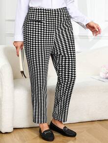 Plus Size Houndstooth Print Slim Fit Elegant Pants
